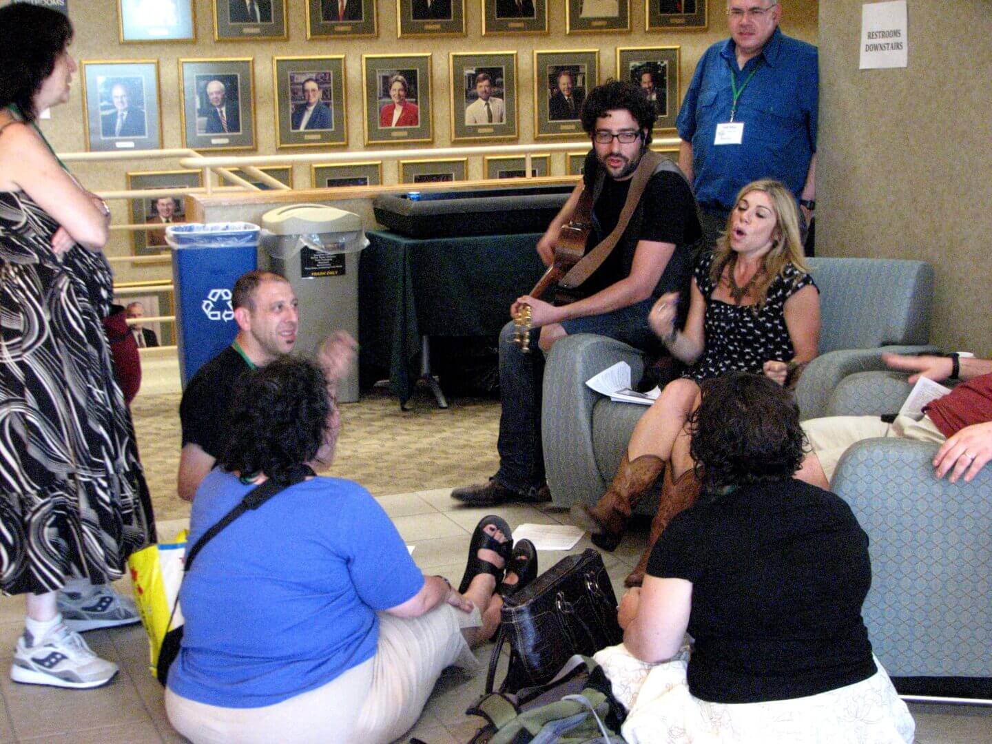 Small group discussion in a library lounge